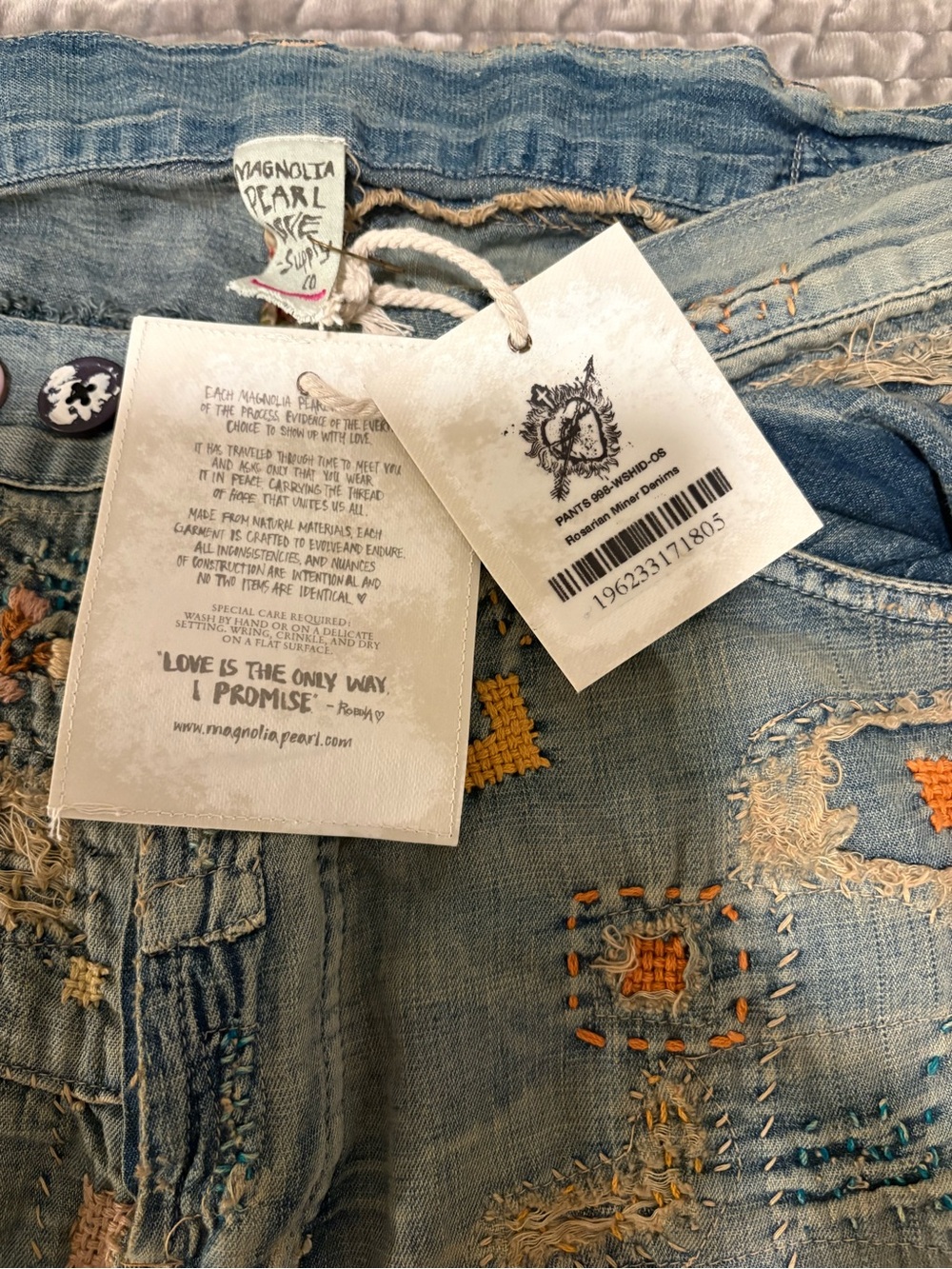 Magnolia Pearl Embroidered Patchwork Blue Jeans with Pink & Cream Florals - Picture 3 of 16